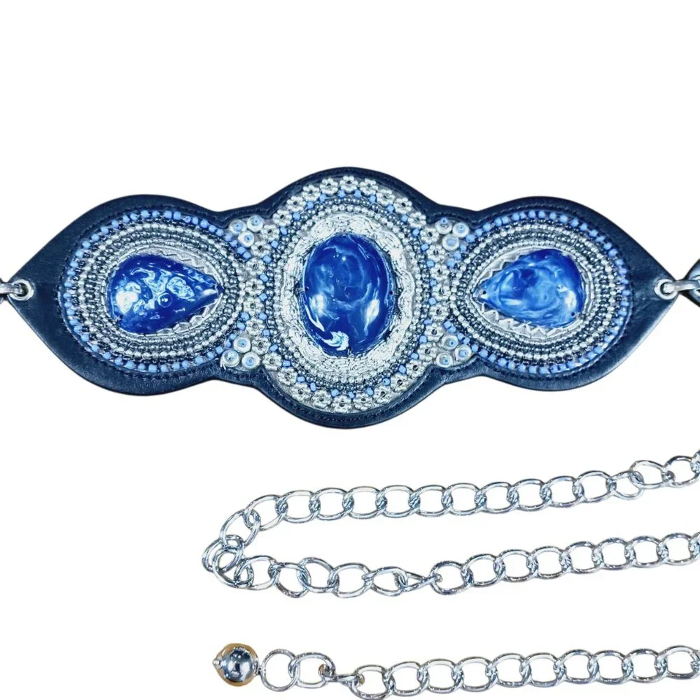NWT Chico's Blue Faux Stone Silver Chain Link Statement Belt, M/L, Boho, Western